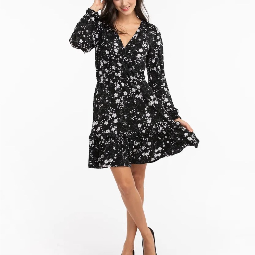 Floral Black Wrap Dress